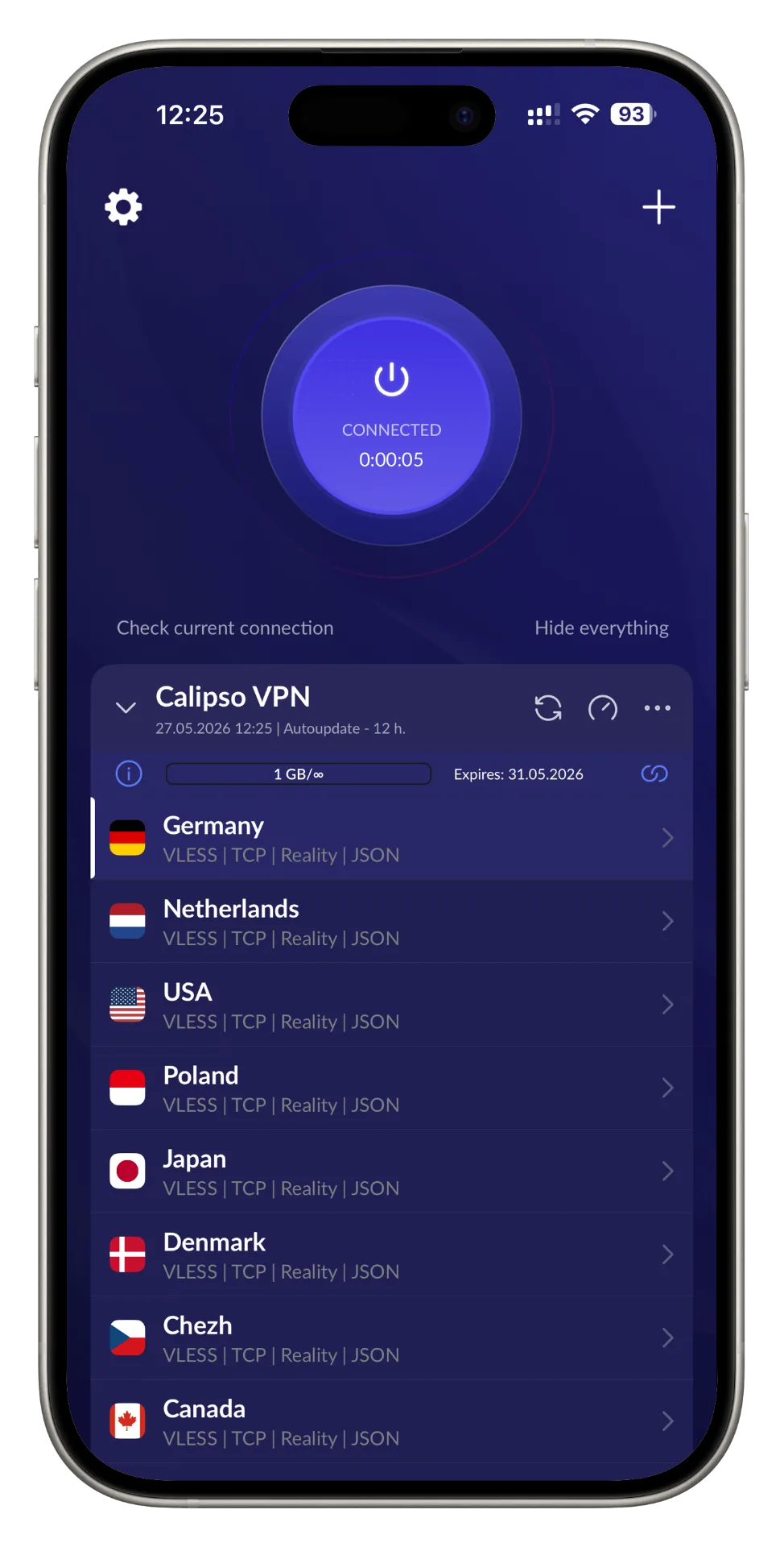 Calipso VPN app on iPhone